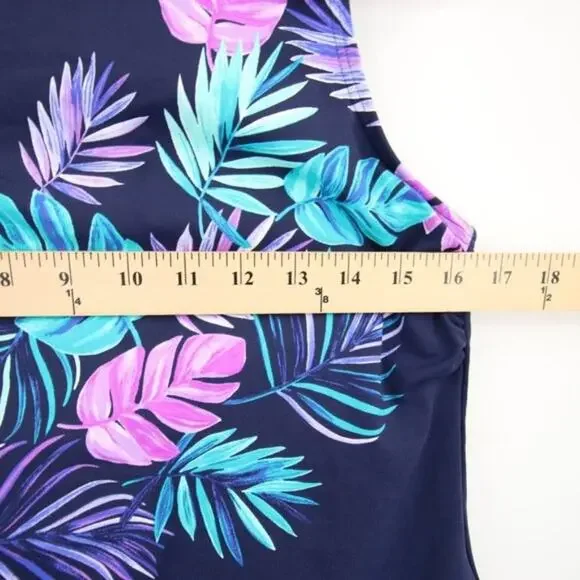 NWOT Lands End Navy Blue Tank Tankini Swim Top Palm Print Purple Size 12 - Picture 6 of 9